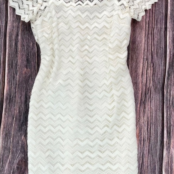 Ann Taylor LOFT Sz 4 Ivory Layered Lace Chevron Crochet Shift Dress s Off White - Picture 10 of 11